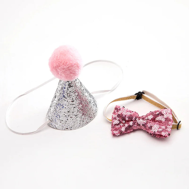 Cat Dog Bow Tie/Hat Decoration | 2Pcs Set | Baby Birthday Party Prop - Glitter Pom Pom Headwear + Bowknot Collar | Pet Supplies