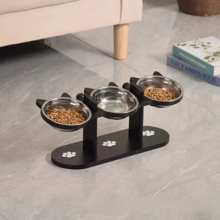 3-Tier Elevated Cat Feeder | Adjustable 15° Angle | Wood & Stainless Steel | Raised Pet Bowl Stand | Multi-Cat Feeding Station | Detachable Bowls | Easy Assembly