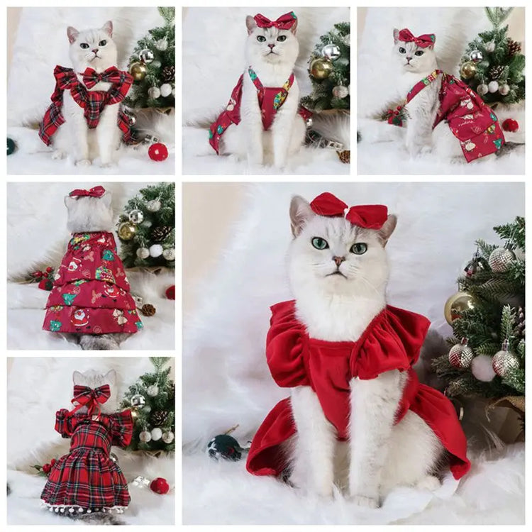 Christmas Pet Dress for Cats & Small Dogs | Red Bow Skirt | Holiday Costume