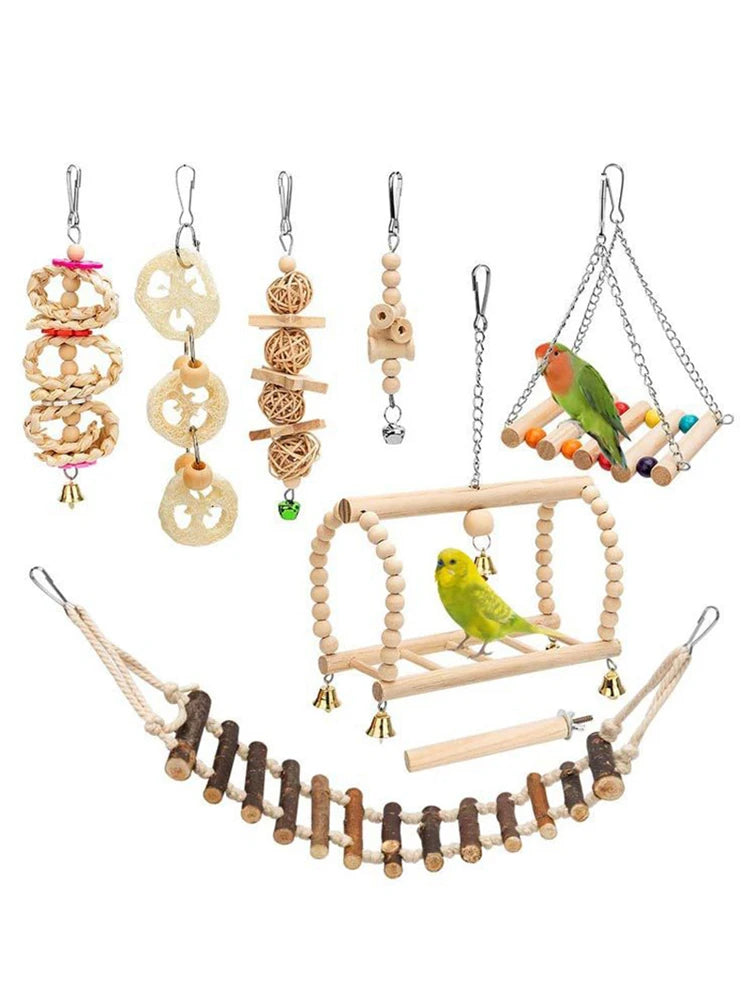 8PCS Bird Toys Set | Parrot Training Toys - Wood Bite Articles | Swing/Ball/Bell/Perch Combination Toy - Pet Birds