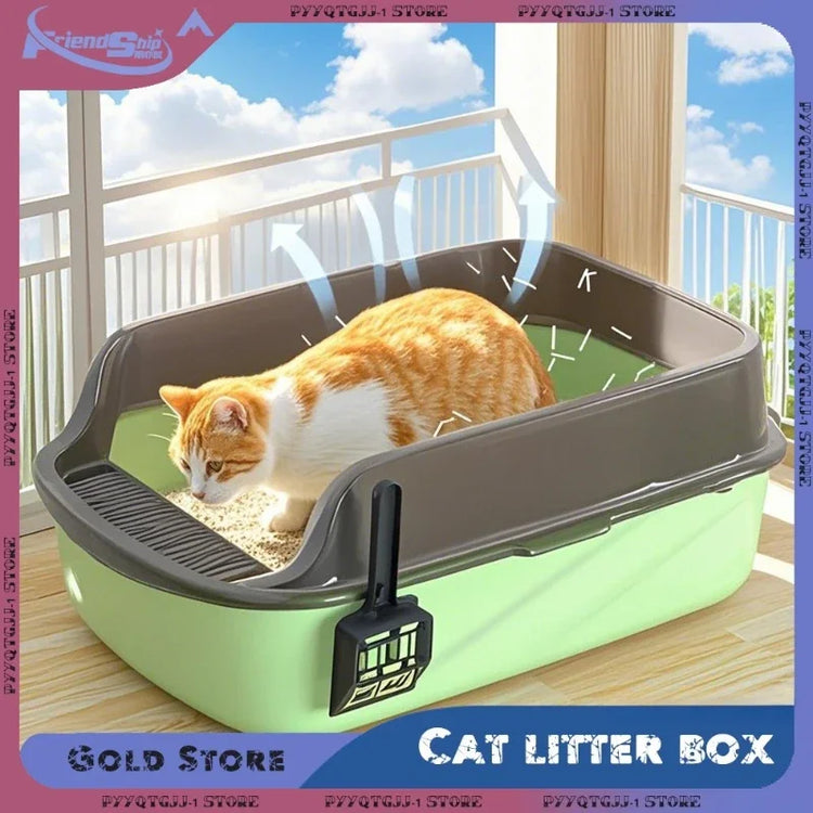 Cat Litter Box | High Side Thicken Semi Enclosed | Splashproof Large Capacity Tray | Removable Scoop | Easy Clean Cat Toilet