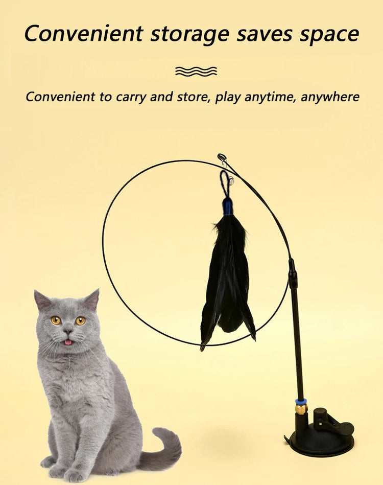 Cat Teaser Toy | Interactive Bell & Feather Wand | Suction Cup Pole | Long Flexible Cat Wand | Exciting Cat Play Toy | Cat Feather Toy | Pet Supplies