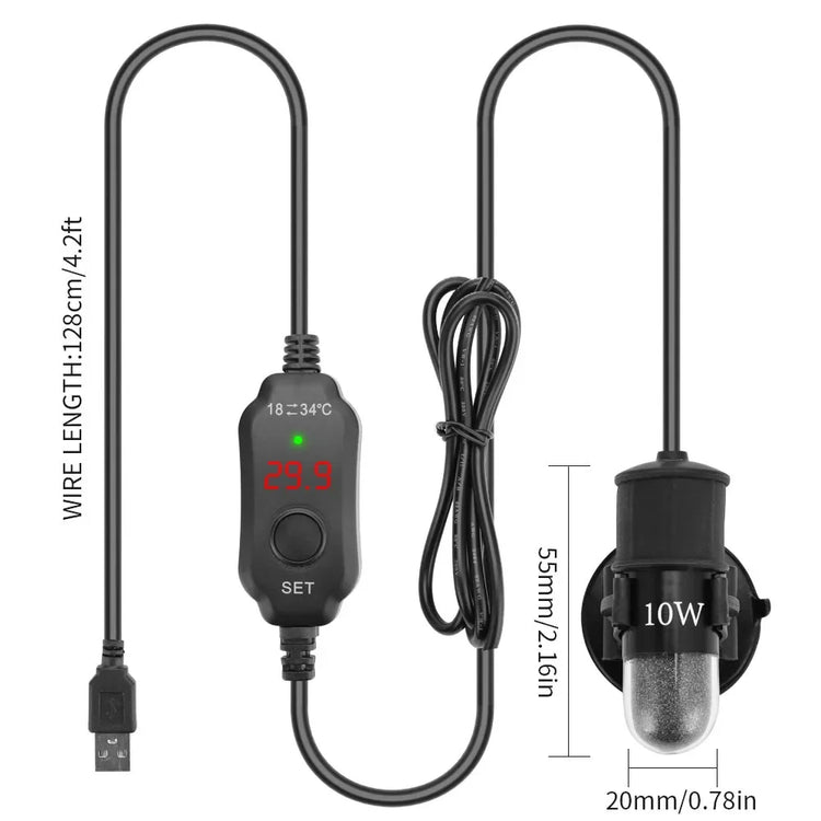 USB Mini Aquarium Heater – Adjustable 18–34°C, 10W Submersible Heating Rod for Small Tanks (2L)