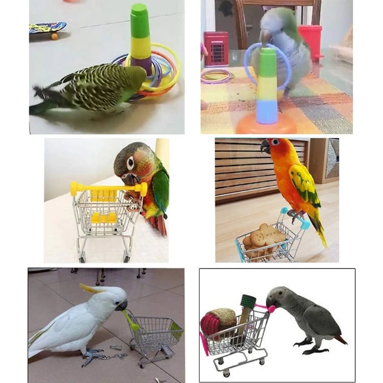 Bird Toys | 4 Types Parrot Toy Set | Include Basketball Toy / Skateboard / Stacking Toy / Metal Trolley Toy - Ball Bouncer Toy 29EF