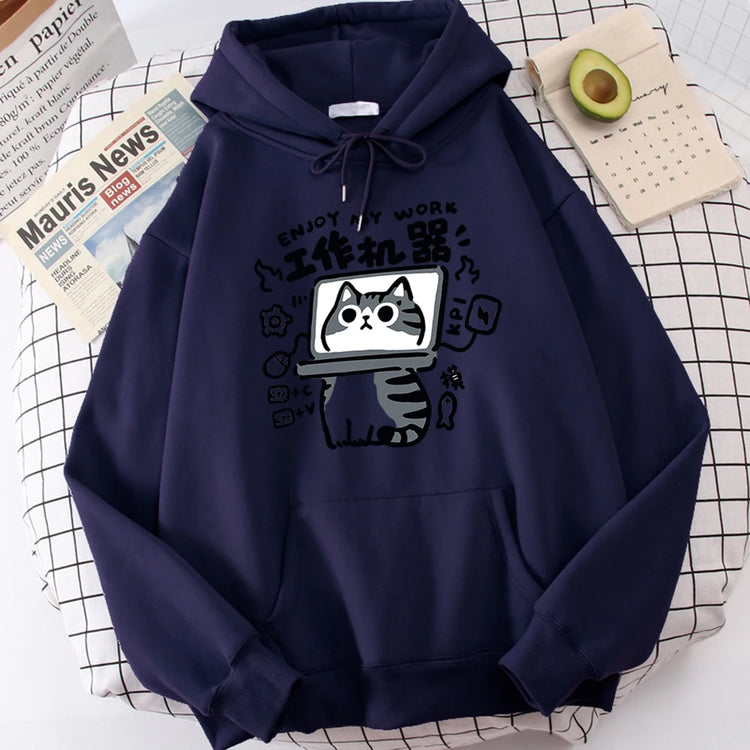 Cartoon Cat Is an Abstract Work Machine | Men's Sweatshirt | Comfort Sweatshirts | Leisure Outdoor Pullover | Youth Popular Clothes