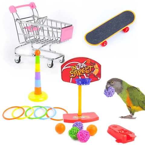 Bird Toys | 4 Types Parrot Toy Set | Include Basketball Toy / Skateboard / Stacking Toy / Metal Trolley Toy - Ball Bouncer Toy 29EF