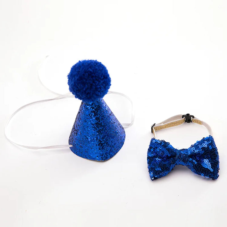 Cat Dog Bow Tie/Hat Decoration | 2Pcs Set | Baby Birthday Party Prop - Glitter Pom Pom Headwear + Bowknot Collar | Pet Supplies