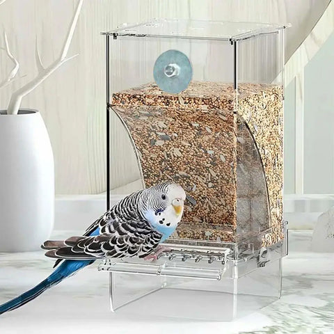 Automatic No-Spill Transparent Bird Feeder | Can Be Hung or Placed on Desktop | Ideal for Small & Medium Parakeets