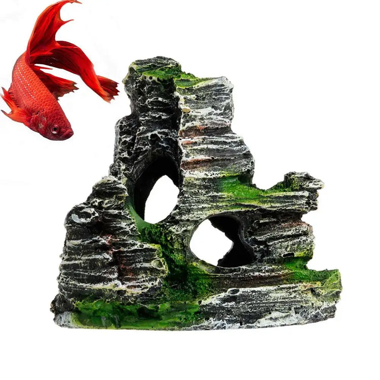 Aquarium Sandstone Decoration – Mountain View Resin Rocks with Caves, Fish & Shrimp Shelter, 11cm