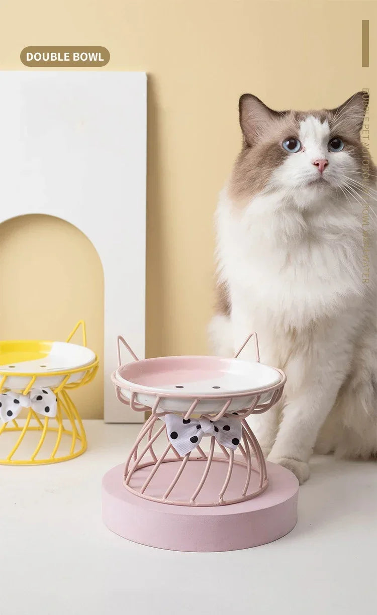 Ceramic Cat Food Bowl | High Foot Raised Pet Bowl | Cat Dog Feeding Dish | Cervical Spine Care | Outdoor Ceramic Bowl with Iron Stand | Anti-Tip Pet Feeder