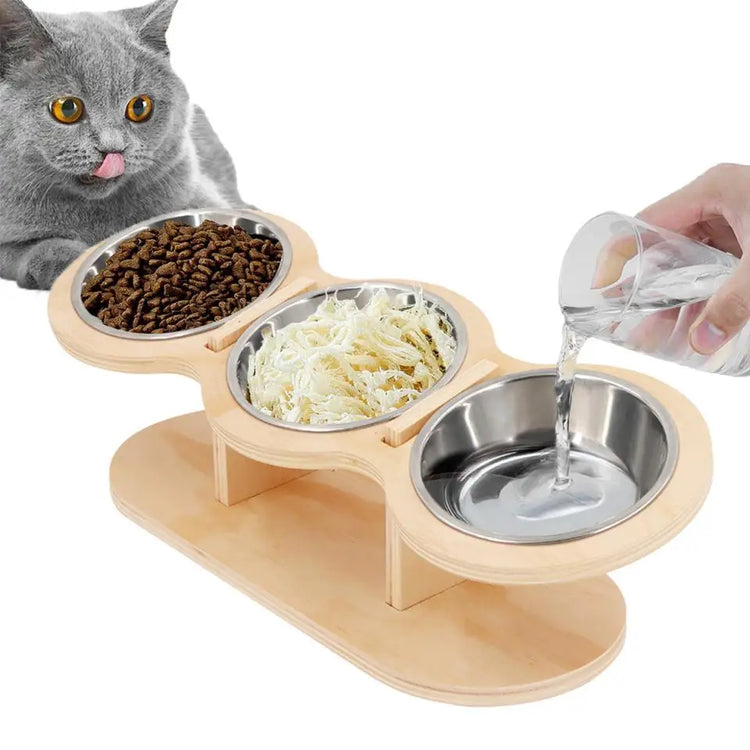 Elevated Cat Dog Bowls | 15° Tilted Raised Pet Bowls | Double Wooden Stand | Stainless Steel Food & Water Bowls | For Cats & Small Dogs | Pet Supplies