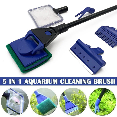 5-in-1 Aquarium Cleaning Tool Set – Fish Net, Gravel Rake, Algae Scraper, Sponge Brush & Plant Fork