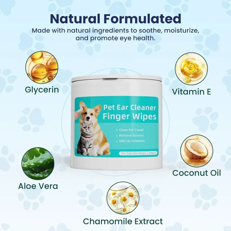 Cat Ear Wipes | Pet Ear & Eye Cleaning Finger Wipes | Remove Wax & Odor | 50 Wipes for Dogs/Cats