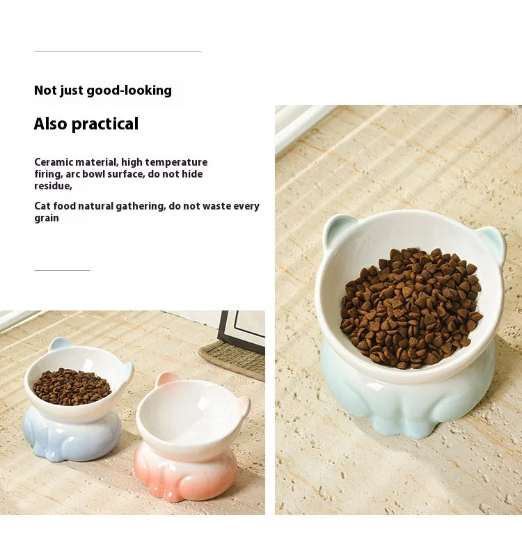 Cat Bowl Ceramic | High Foot | Diagonal Mouth | Neck Protection | Large Diameter Cat Food Bowl | Drinking Bowl | Anti-Overturning Design | Cat Food Bowl