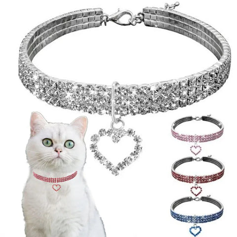New Cat Dog Collar | Three Row Elastic Rhinestone Pet Collars | Love Decoration Necklace | Puppy Kitten Ornament | Pets Supplies