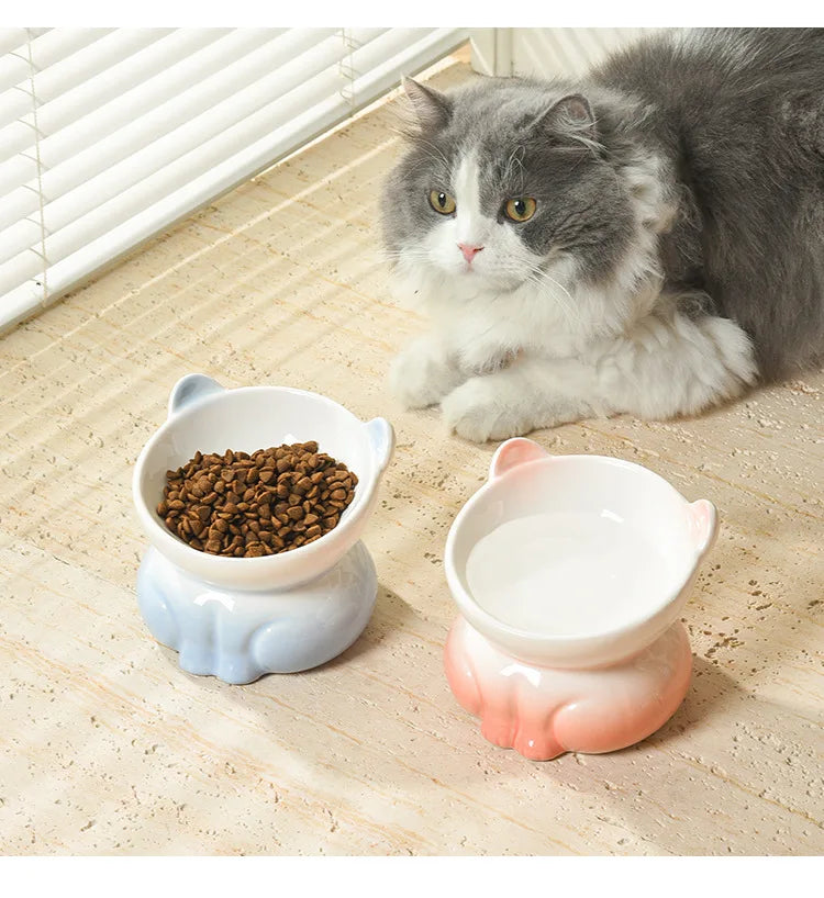 Cat Bowl Ceramic | High Foot | Diagonal Mouth | Neck Protection | Large Diameter Cat Food Bowl | Drinking Bowl | Anti-Overturning Design | Cat Food Bowl