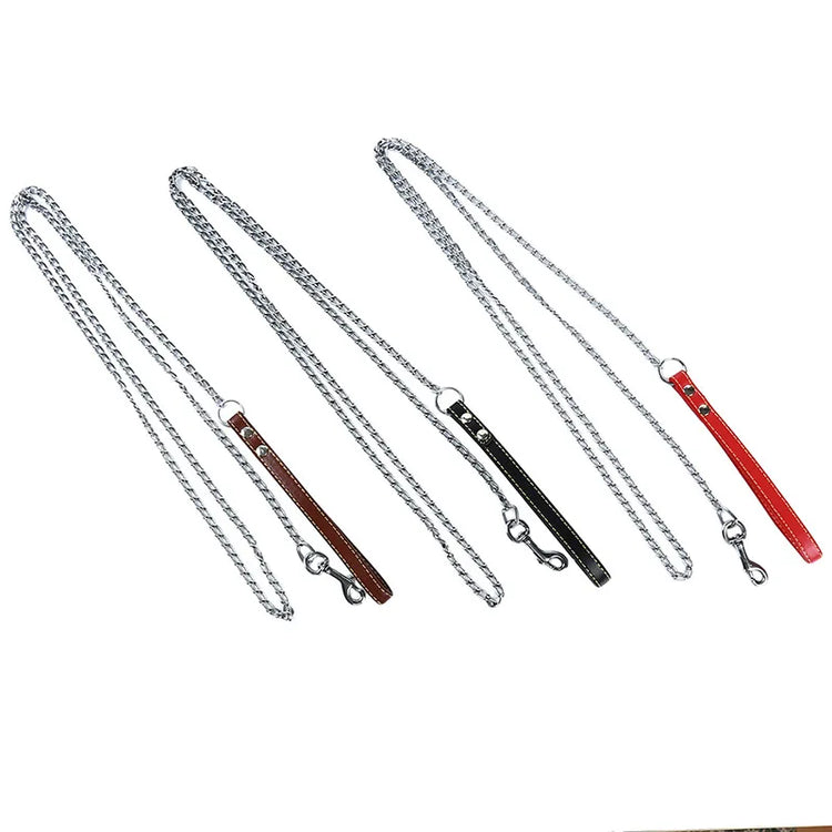 Durable Anti-Bite Metal Dog Chain Leash with PU Leather Handle – 180cm