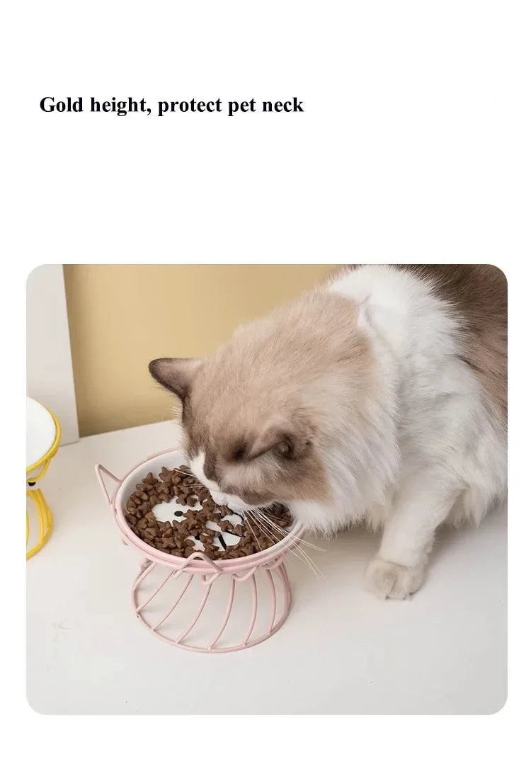 Ceramic Cat Food Bowl | High Foot Raised Pet Bowl | Cat Dog Feeding Dish | Cervical Spine Care | Outdoor Ceramic Bowl with Iron Stand | Anti-Tip Pet Feeder