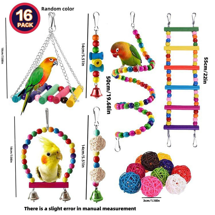 7PCS/16PCS Bird Toy Set | Parrot Cage Accessories - Safe Durable Hanging Toys / Bell & Chew Toys for Cockatiels, Parakeets, Lovebirds