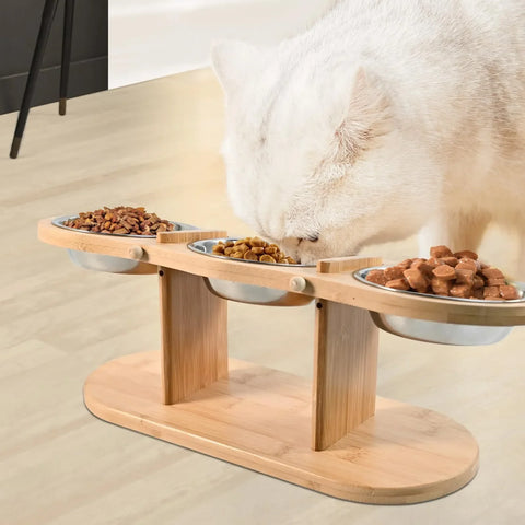 Elevated Cat Dog Bowls | 15° Tilted Raised Pet Bowls | Double Wooden Stand | Stainless Steel Food & Water Bowls | For Cats & Small Dogs | Pet Supplies
