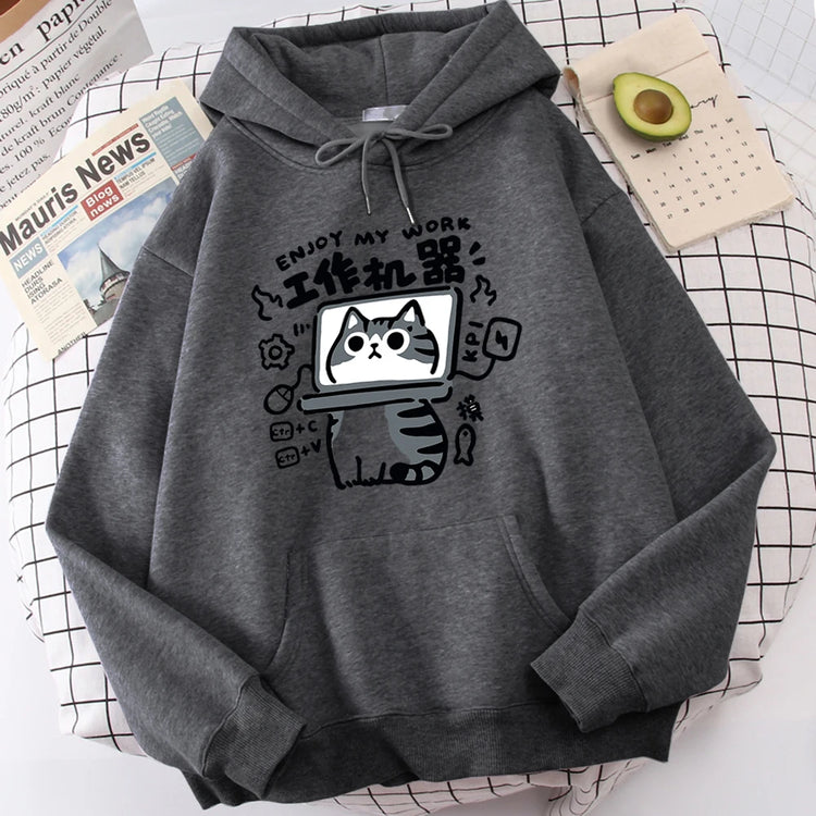 Cartoon Cat Is an Abstract Work Machine | Men's Sweatshirt | Comfort Sweatshirts | Leisure Outdoor Pullover | Youth Popular Clothes