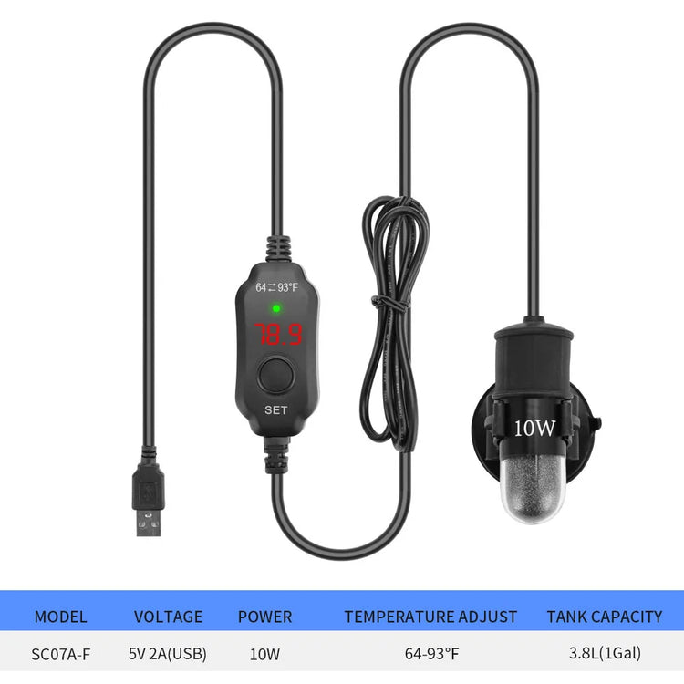 USB Mini Aquarium Heater – Adjustable 18–34°C, 10W Submersible Heating Rod for Small Tanks (2L)