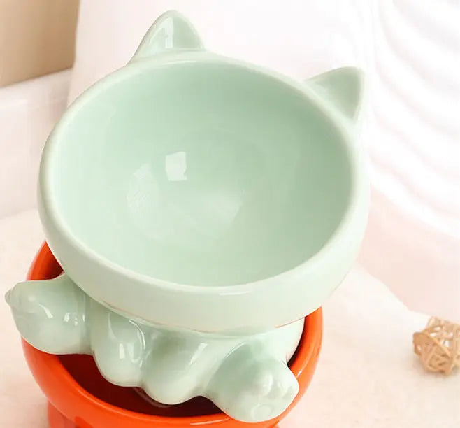 Cat Bowl Ceramic | High Foot | Diagonal Mouth | Neck Protection | Large Diameter Cat Food Bowl | Drinking Bowl | Anti-Overturning Design | Cat Food Bowl