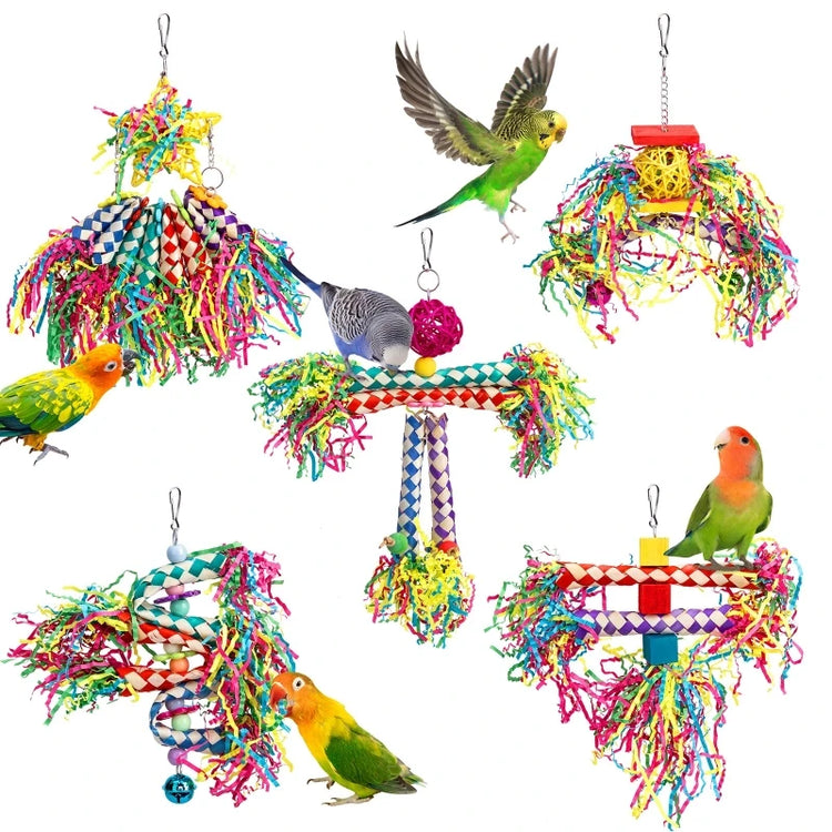 5 Piece Bird Shredding Toys | Wooden Blocks | Colorful Parrot Chewing - Foraging Hanging Toy for Parakeets/Love Birds/Budgies