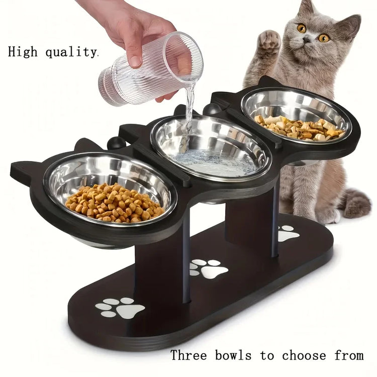 3-Tier Elevated Cat Feeder | Adjustable 15° Angle | Wood & Stainless Steel | Raised Pet Bowl Stand | Multi-Cat Feeding Station | Detachable Bowls | Easy Assembly