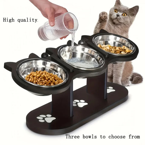 3-Tier Elevated Cat Feeder | Adjustable 15° Angle | Wood & Stainless Steel | Raised Pet Bowl Stand | Multi-Cat Feeding Station | Detachable Bowls | Easy Assembly
