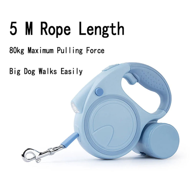 Retractable Dog Leash with LED Light and Waste Bag – 5M Durable Nylon Rope