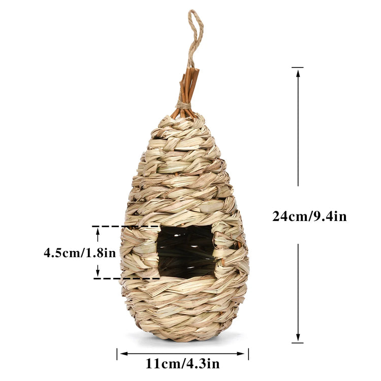 Hand-Woven Hanging Bird Nest | Natural Grass Cage House for Parrots, Finches & Sparrows | Outdoor Straw Bird Hut