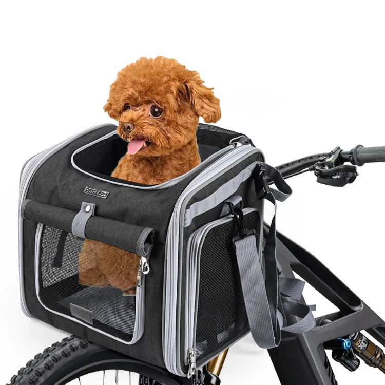 Multifunctional Soft-Sided Dog Bike Basket – Expandable Pet Carrier Backpack with 4 Open Doors