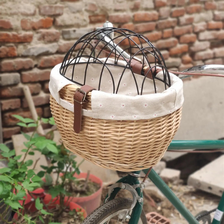 Wicker Pet Carrier | Front Bike Basket with Wire Mesh Cover - Small Dogs/Cats