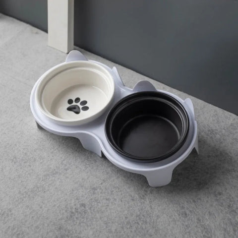 Ceramic Double Cat Bowl | Food & Water Bowl Set | Elevated Pet Bowl for Cervical Spine Protection | Cat Supplies