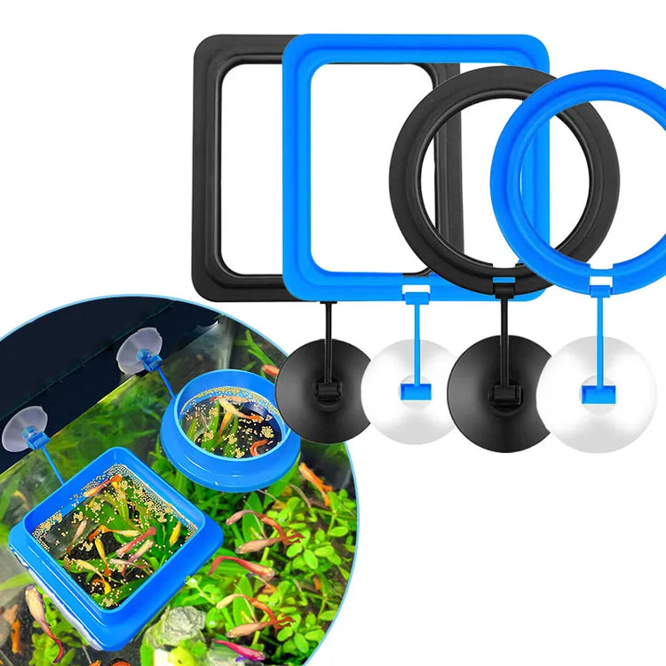Aquarium Feeding Ring Floating Food Tray with Suction Cup – Square Fish Feeder (Black & Blue)