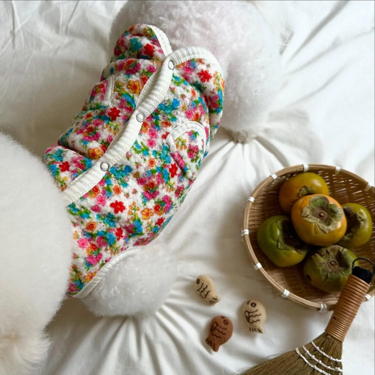 Cotton Pet Dog Clothes | Classic Shabby Flower Coat for Bichon | Teddy Warm Vest Puppy Clothing for Small Dogs
