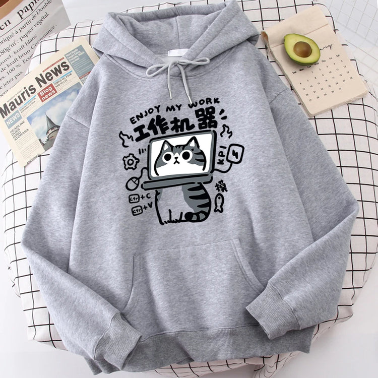 Cartoon Cat Is an Abstract Work Machine | Men's Sweatshirt | Comfort Sweatshirts | Leisure Outdoor Pullover | Youth Popular Clothes