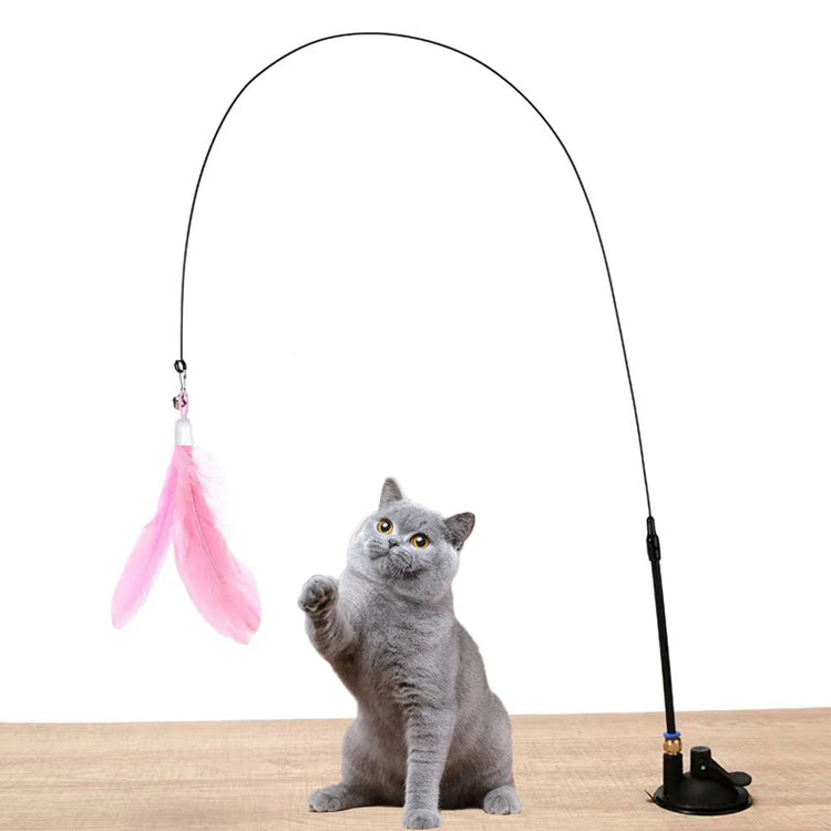 Cat Teaser Toy | Interactive Bell & Feather Wand | Suction Cup Pole | Long Flexible Cat Wand | Exciting Cat Play Toy | Cat Feather Toy | Pet Supplies