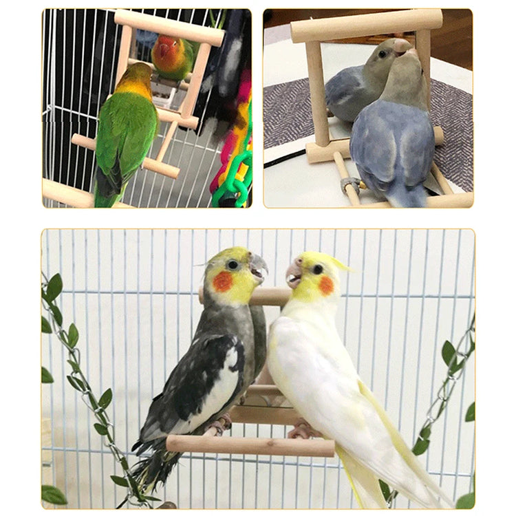 Wood Bird Mirror with Perch Stand | Bird Toy Stand | Bird Toy for Parrot, Parakeets, Cockatiels | Cage Parakeet Accessories