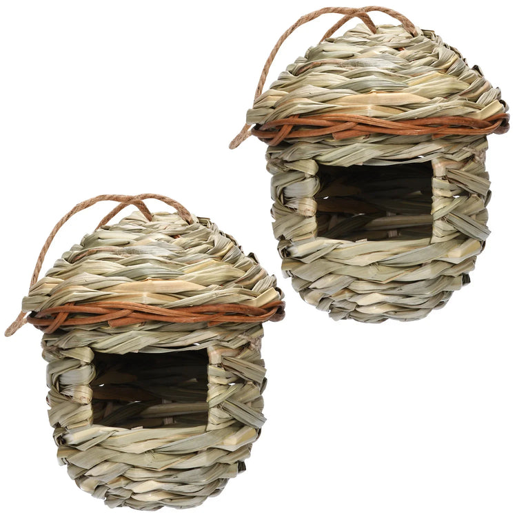 Hand-Woven Hanging Bird Nest | Natural Grass Cage House for Parrots, Finches & Sparrows | Outdoor Straw Bird Hut