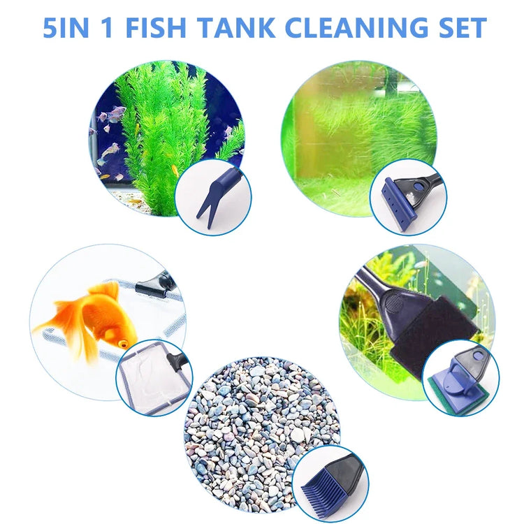 5-in-1 Aquarium Cleaning Tool Set – Fish Net, Gravel Rake, Algae Scraper, Sponge Brush & Plant Fork