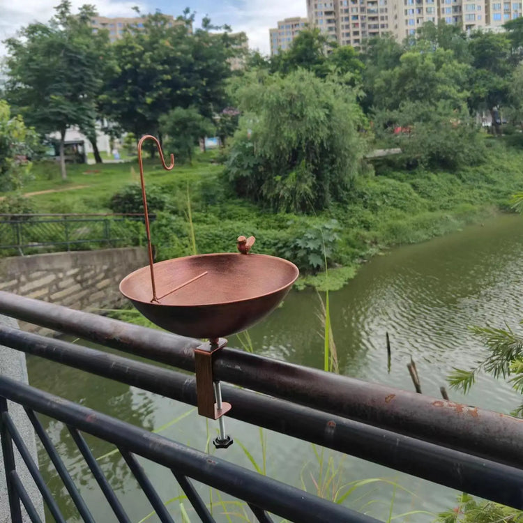 Outdoor Rail Bird Feeder SPA | Iron Bird Bath Bowl for Balcony, Deck, or Garden Railing | Sturdy Dual-Purpose Bird Feeder & Water Bowl