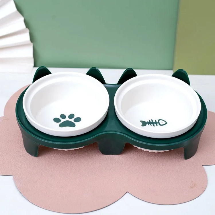 Ceramic Double Cat Bowl | Food & Water Bowl Set | Elevated Pet Bowl for Cervical Spine Protection | Cat Supplies