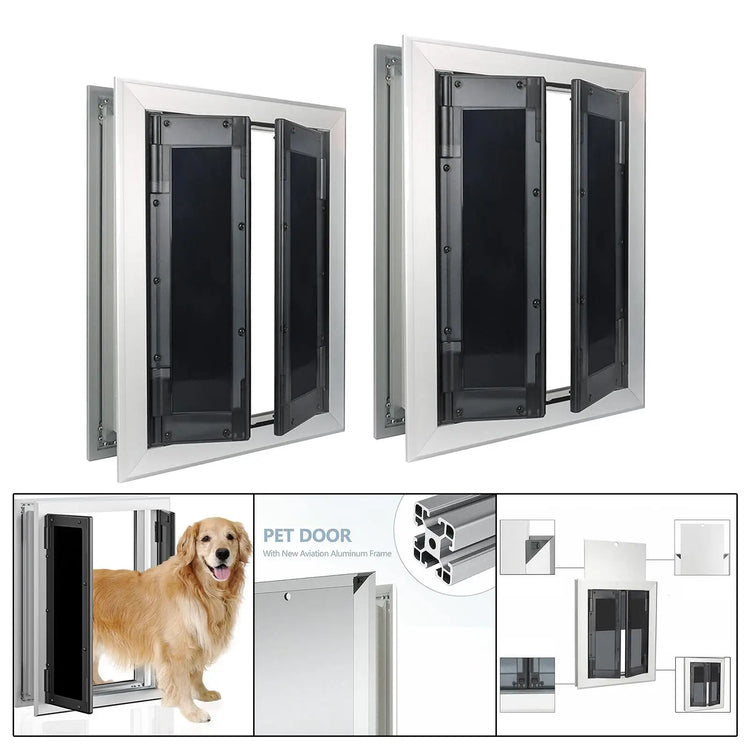 Heavy-Duty Aluminum Dog Door with Lockable Dual Flap – Magnetic Closure Pet Door for Medium & Large Dogs, Indoor/Outdoor Use