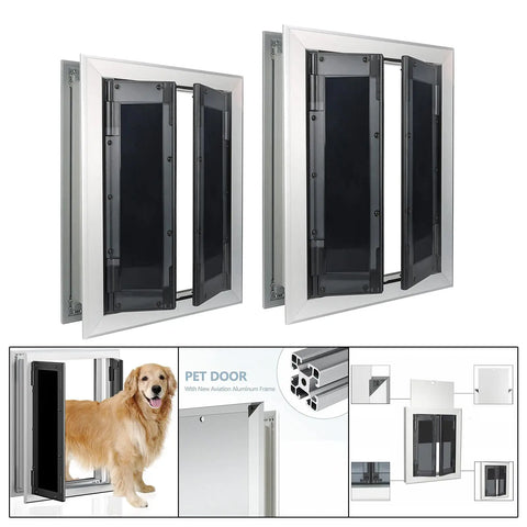 Heavy-Duty Aluminum Dog Door with Lockable Dual Flap – Magnetic Closure Pet Door for Medium & Large Dogs, Indoor/Outdoor Use