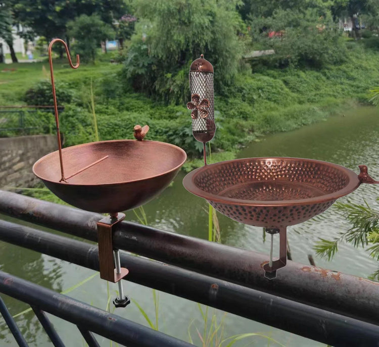 Outdoor Rail Bird Feeder SPA | Iron Bird Bath Bowl for Balcony, Deck, or Garden Railing | Sturdy Dual-Purpose Bird Feeder & Water Bowl