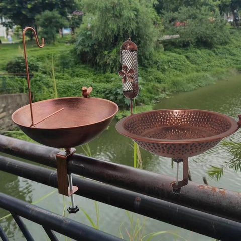 Outdoor Rail Bird Feeder SPA | Iron Bird Bath Bowl for Balcony, Deck, or Garden Railing | Sturdy Dual-Purpose Bird Feeder & Water Bowl