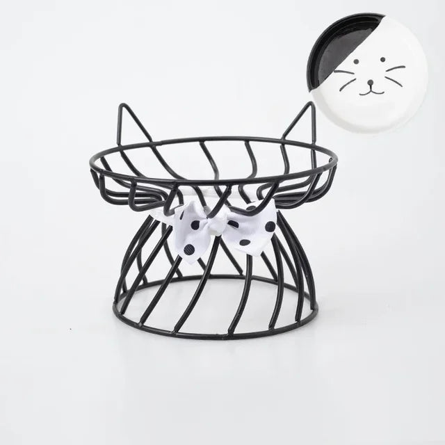 Ceramic Cat Food Bowl | High Foot Raised Pet Bowl | Cat Dog Feeding Dish | Cervical Spine Care | Outdoor Ceramic Bowl with Iron Stand | Anti-Tip Pet Feeder