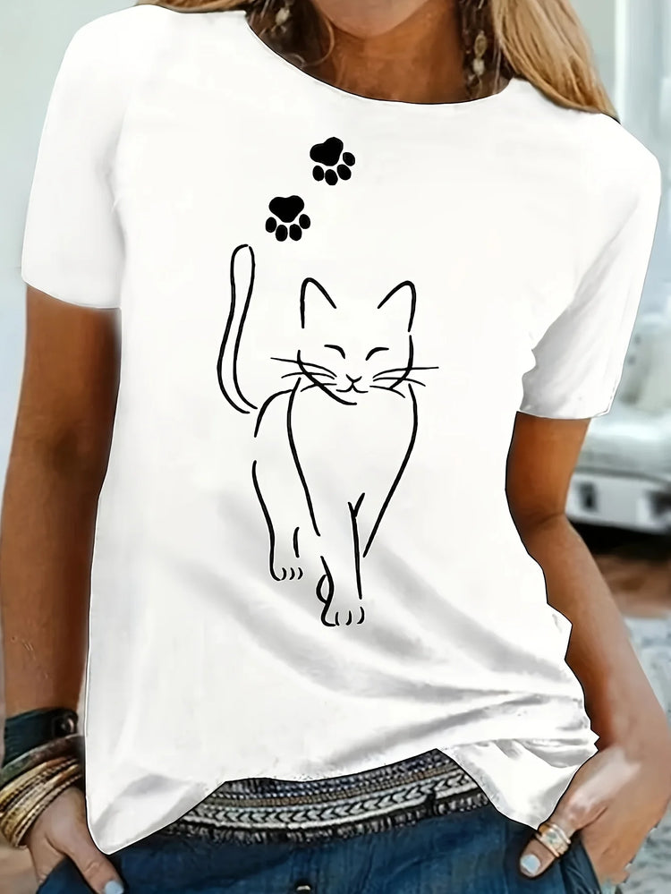 Cat Print T-shirt | Short Sleeve | Crew Neck | Casual Top- Summer & Spring | Women's Clothing
